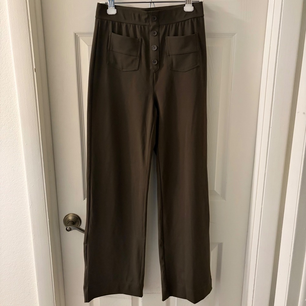 Women's Size Small Olive Green High Rise Button Front Wide Leg Pants Pockets